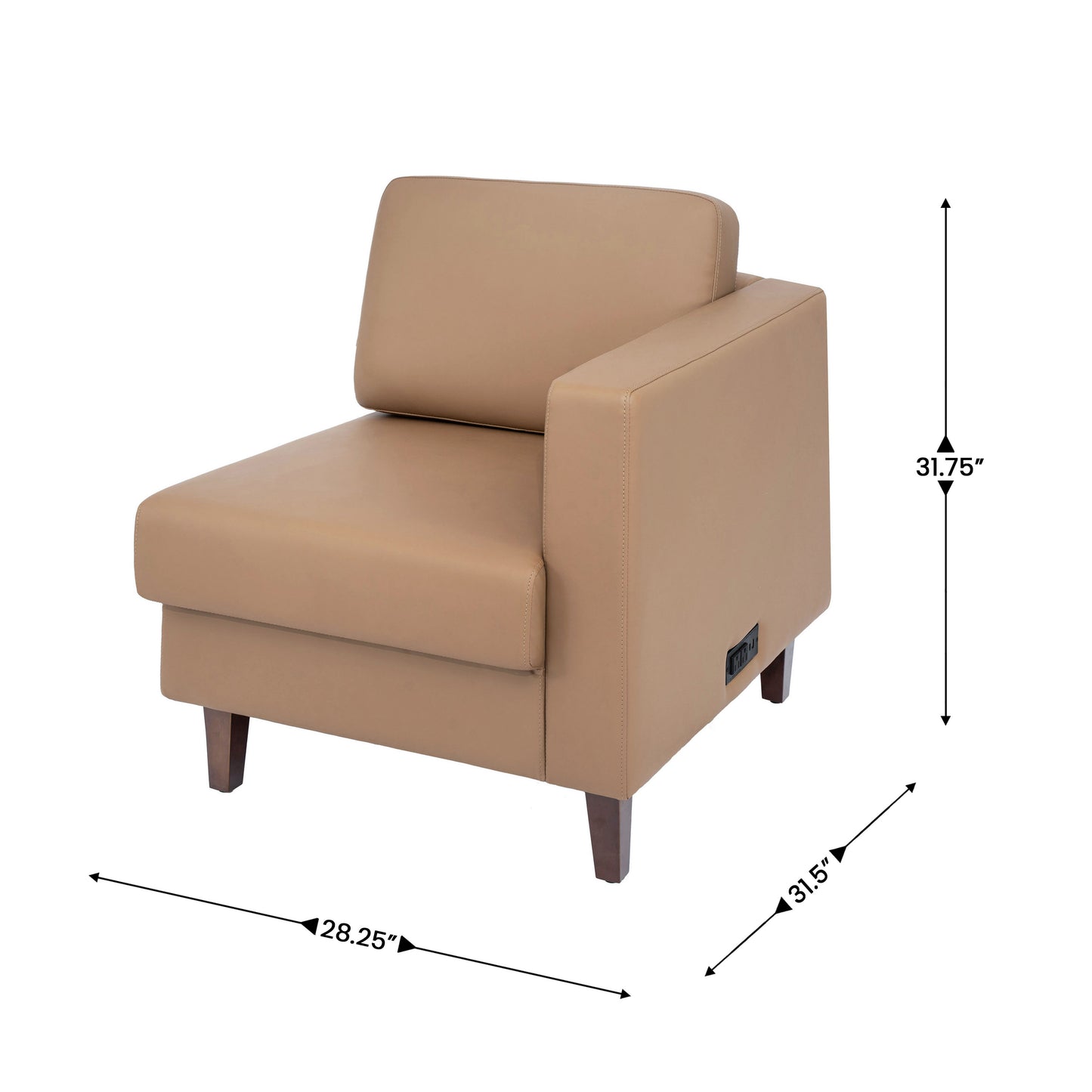 HERCULES Artemis Cognac LeatherSoft Right Arm Reception Chair, 2 AC Outlets/1 USB/1 USB-C Ports and Wooden Walnut Legs with Adjustable Floor Glides Cognac