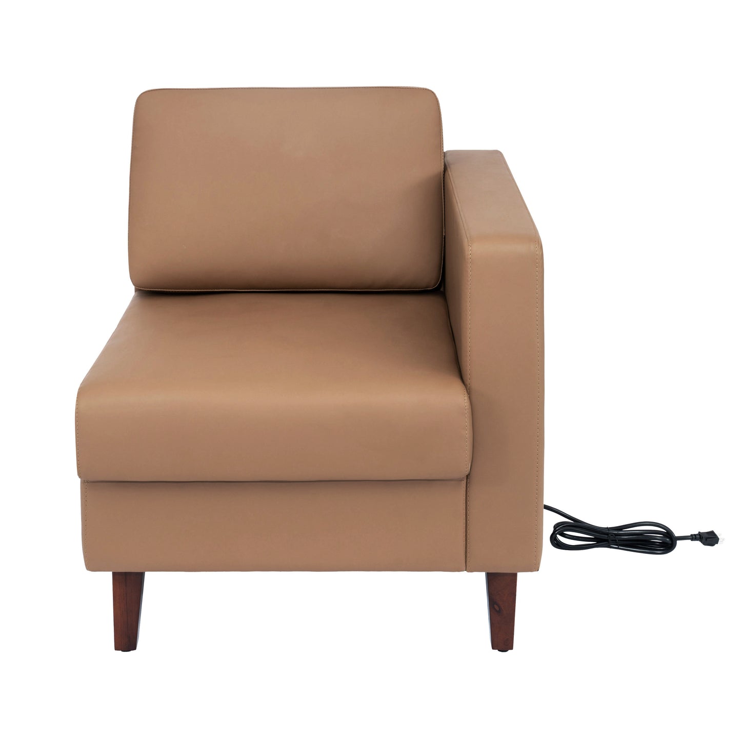 HERCULES Artemis Cognac LeatherSoft Right Arm Reception Chair, 2 AC Outlets/1 USB/1 USB-C Ports and Wooden Walnut Legs with Adjustable Floor Glides Cognac