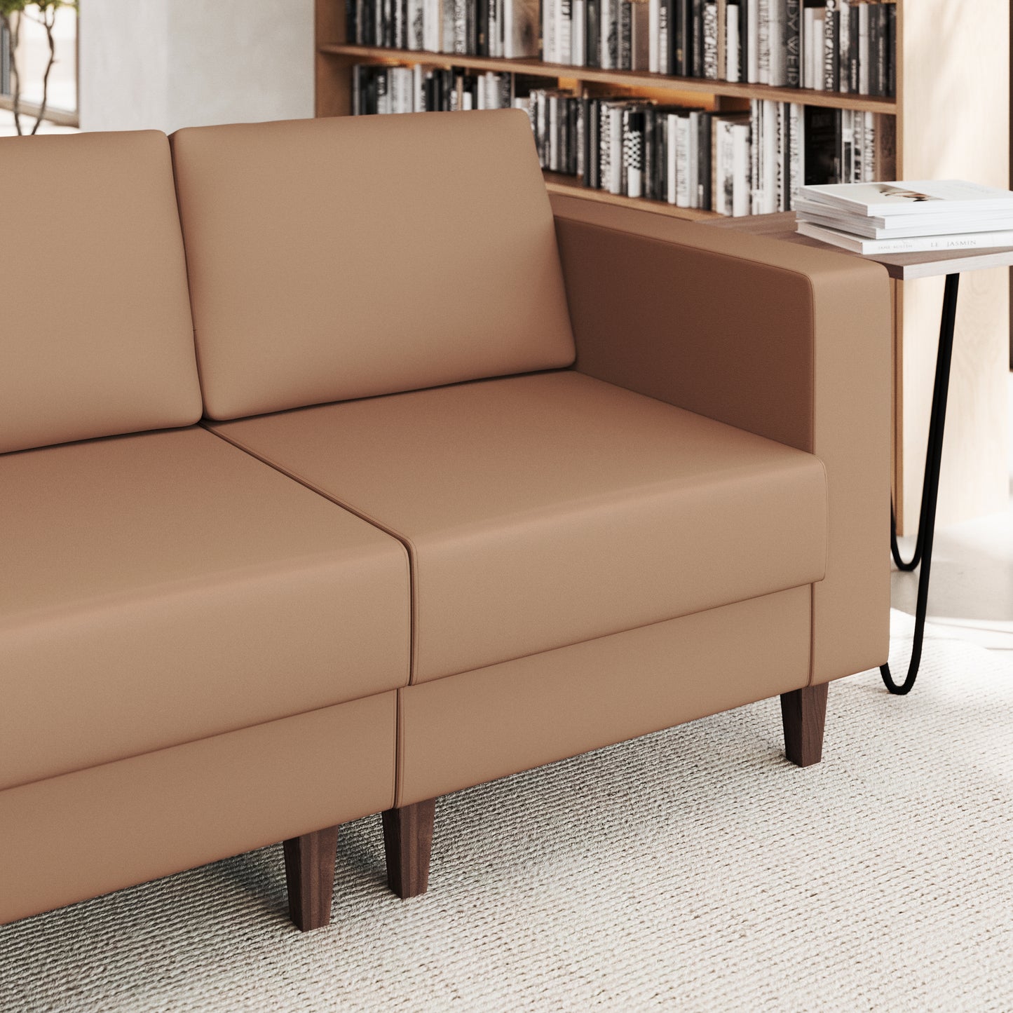 HERCULES Artemis Cognac LeatherSoft Right Arm Reception Chair, 2 AC Outlets/1 USB/1 USB-C Ports and Wooden Walnut Legs with Adjustable Floor Glides Cognac