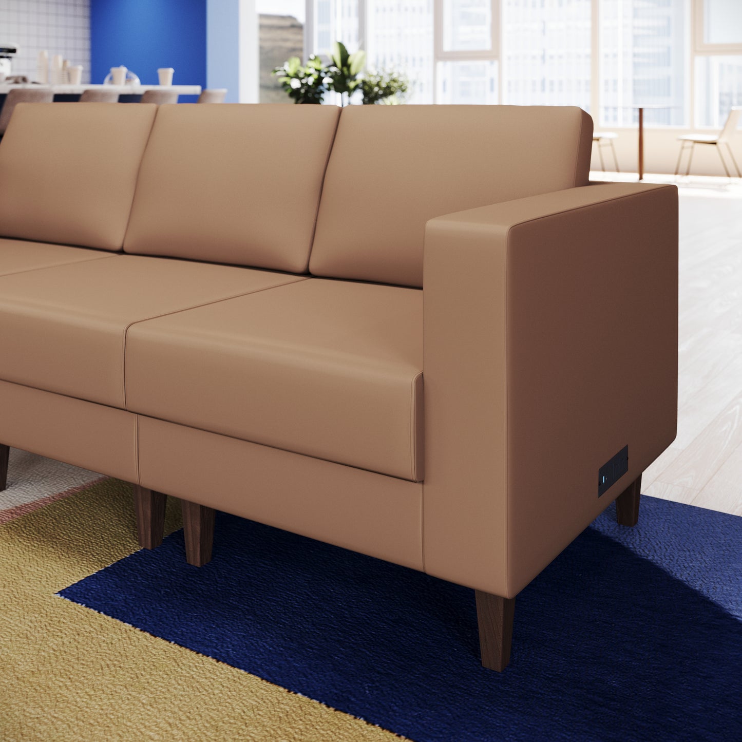 HERCULES Artemis Cognac LeatherSoft Right Arm Reception Chair, 2 AC Outlets/1 USB/1 USB-C Ports and Wooden Walnut Legs with Adjustable Floor Glides Cognac