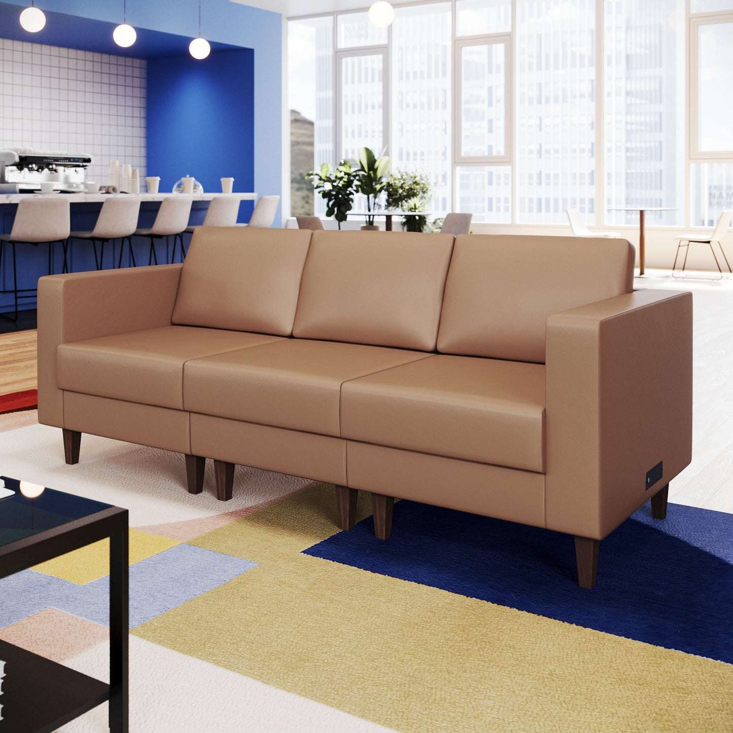 HERCULES Artemis Cognac LeatherSoft Right Arm Reception Chair, 2 AC Outlets/1 USB/1 USB-C Ports and Wooden Walnut Legs with Adjustable Floor Glides Cognac