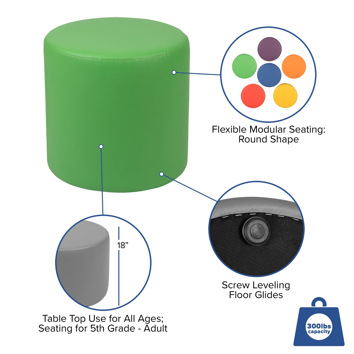 Nicholas Soft Seating Flexible Circle for Classrooms and Common Spaces - 18" Seat Height (Green) Green