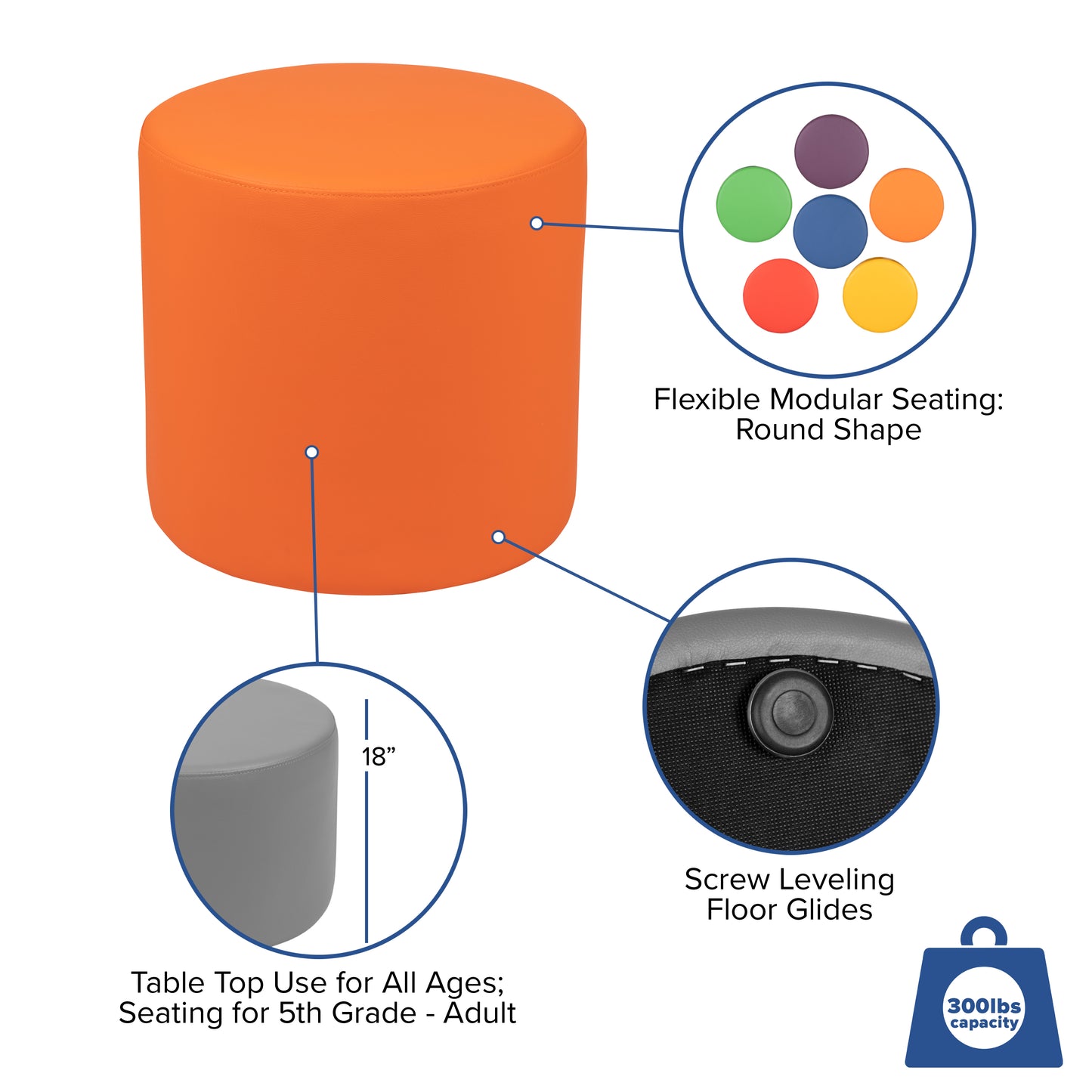 Nicholas Soft Seating Flexible Circle for Classrooms and Common Spaces - 18" Seat Height (Orange) Orange