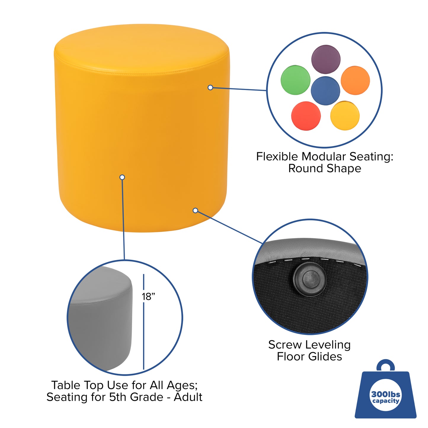 Nicholas Soft Seating Flexible Circle for Classrooms and Common Spaces - 18" Seat Height (Yellow) Yellow