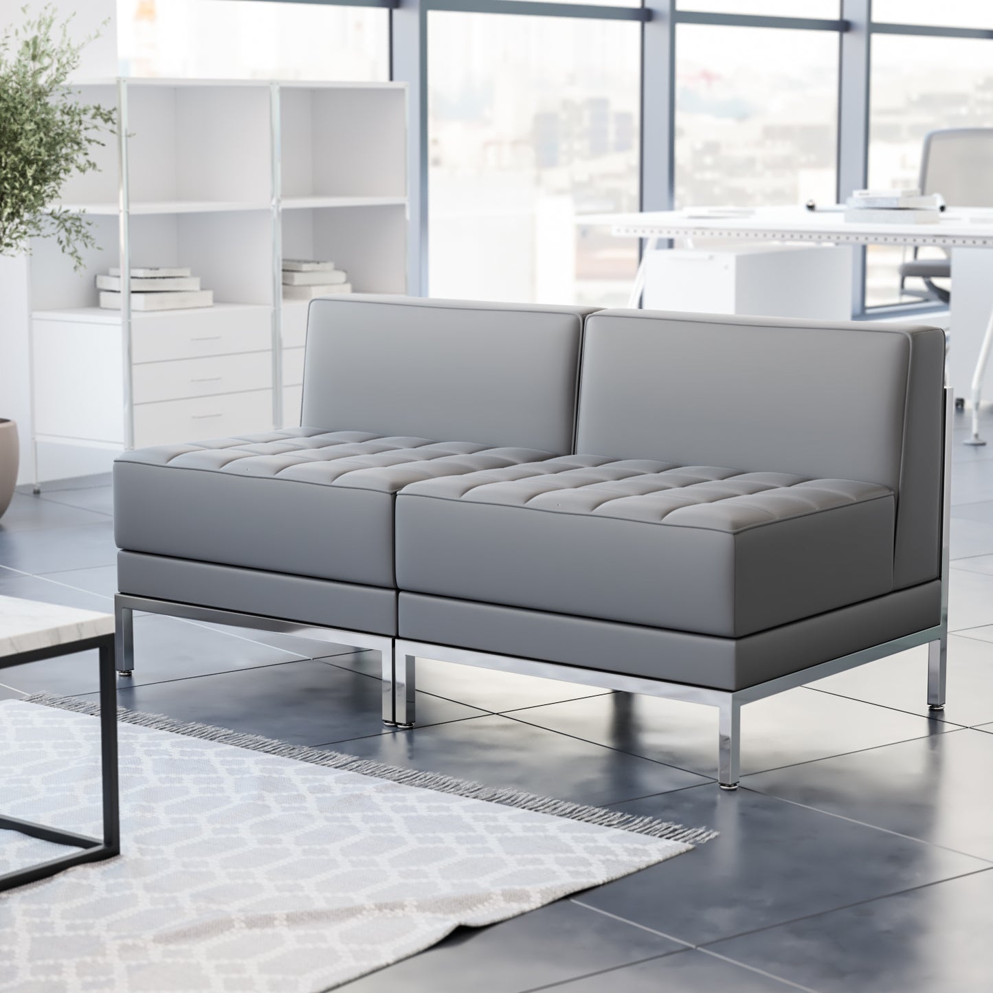 HERCULES Imagination Series 2 Piece Gray LeatherSoft Waiting Room Lounge Set with Ganging Clips - Reception Bench with Ganging Clips Gray ZB-IMAG-MIDCH-2-GY-GG