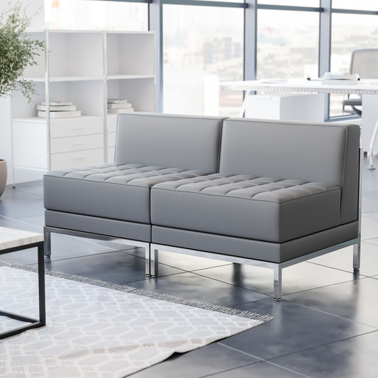 HERCULES Imagination Series 2 Piece Gray LeatherSoft Waiting Room Lounge Set with Ganging Clips - Reception Bench with Ganging Clips Gray