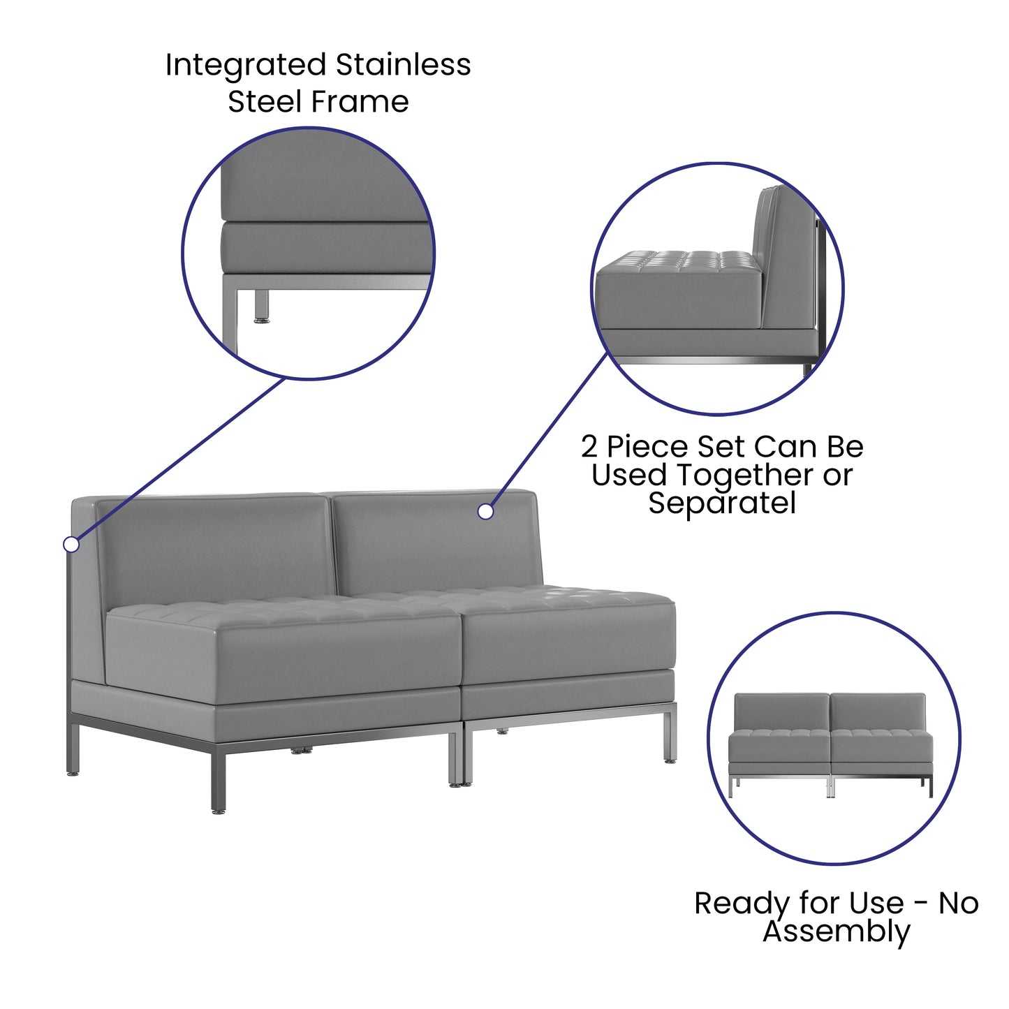 HERCULES Imagination Series 2 Piece Gray LeatherSoft Waiting Room Lounge Set with Ganging Clips - Reception Bench with Ganging Clips Gray ZB-IMAG-MIDCH-2-GY-GG