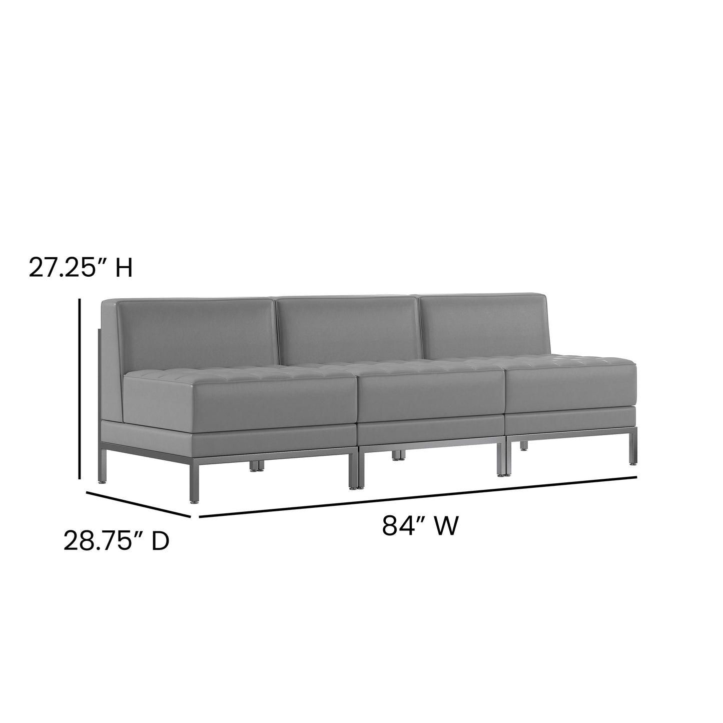 HERCULES Imagination Series 3 Piece Gray LeatherSoft Waiting Room Lounge Set with Ganging Clips - Reception Bench with Ganging Clips Gray ZB-IMAG-MIDCH-3-GY-GG