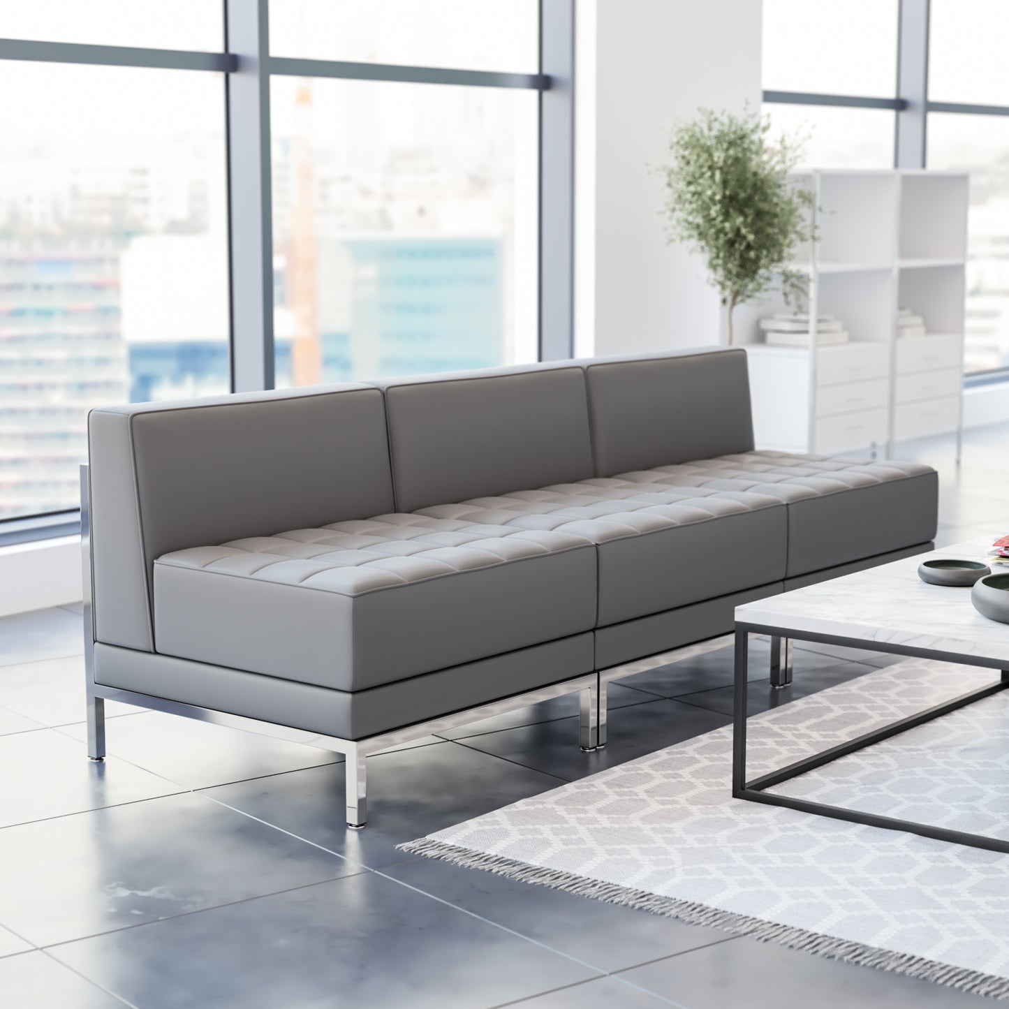 HERCULES Imagination Series 3 Piece Gray LeatherSoft Waiting Room Lounge Set with Ganging Clips - Reception Bench with Ganging Clips Gray ZB-IMAG-MIDCH-3-GY-GG