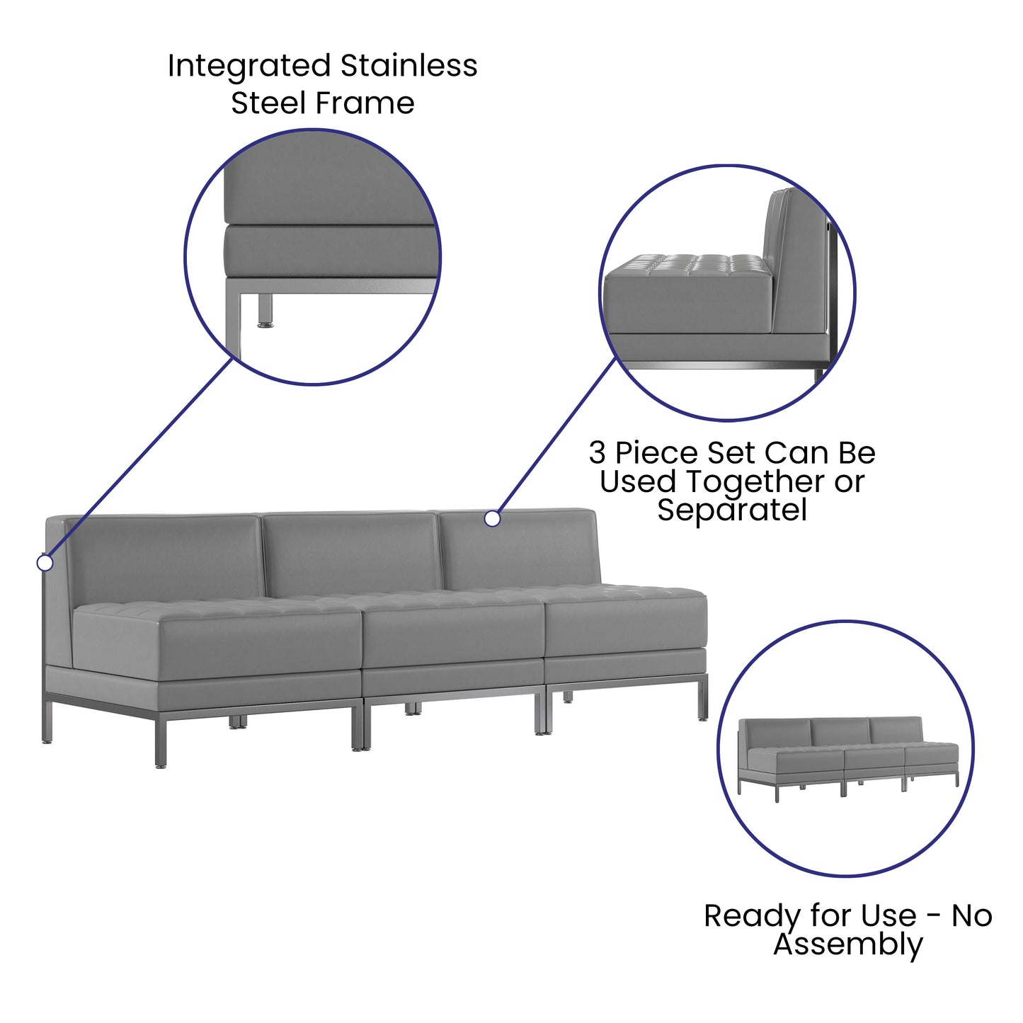 HERCULES Imagination Series 3 Piece Gray LeatherSoft Waiting Room Lounge Set with Ganging Clips - Reception Bench with Ganging Clips Gray ZB-IMAG-MIDCH-3-GY-GG