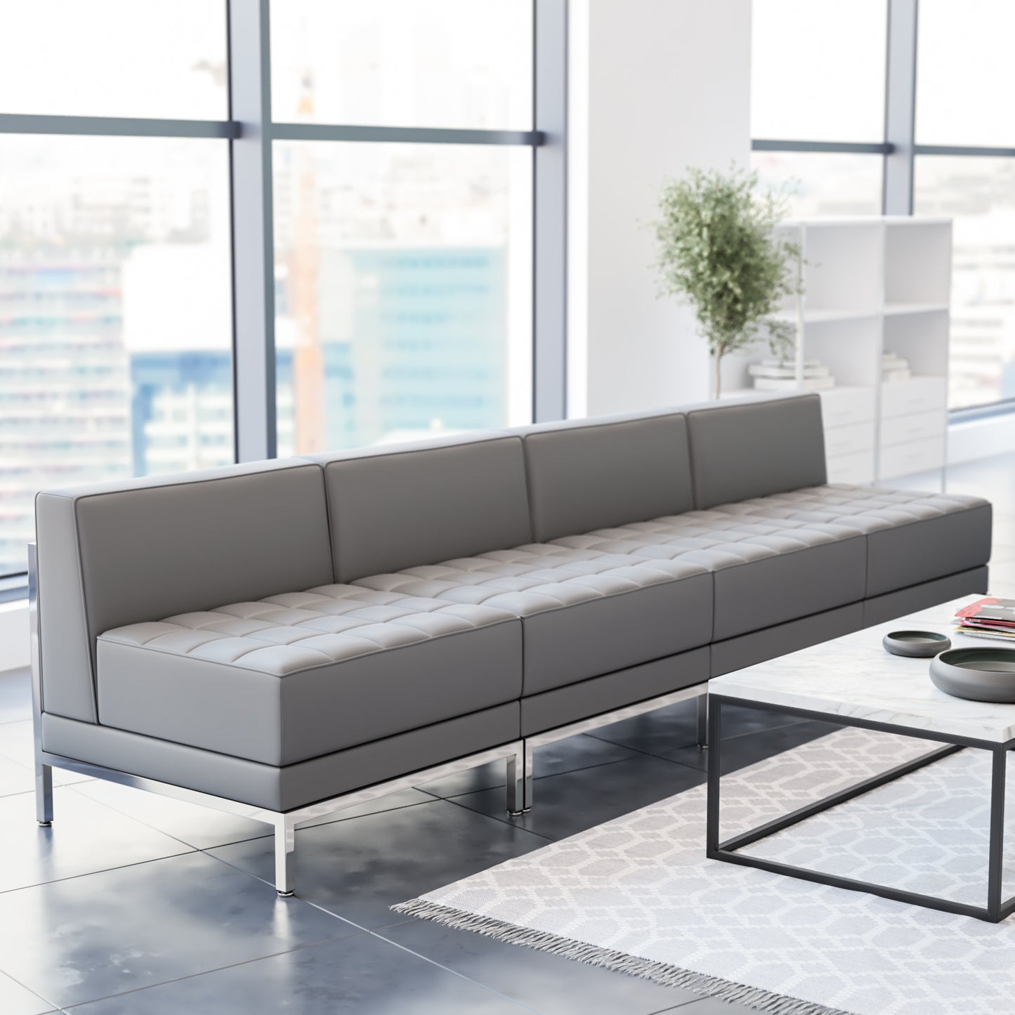 HERCULES Imagination Series 4 Piece Gray LeatherSoft Waiting Room Lounge Set with Ganging Clips - Reception Bench with Ganging Clips Gray ZB-IMAG-MIDCH-4-GY-GG
