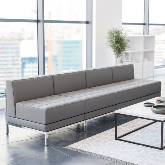 HERCULES Imagination Series 4 Piece Gray LeatherSoft Waiting Room Lounge Set with Ganging Clips - Reception Bench with Ganging Clips Gray