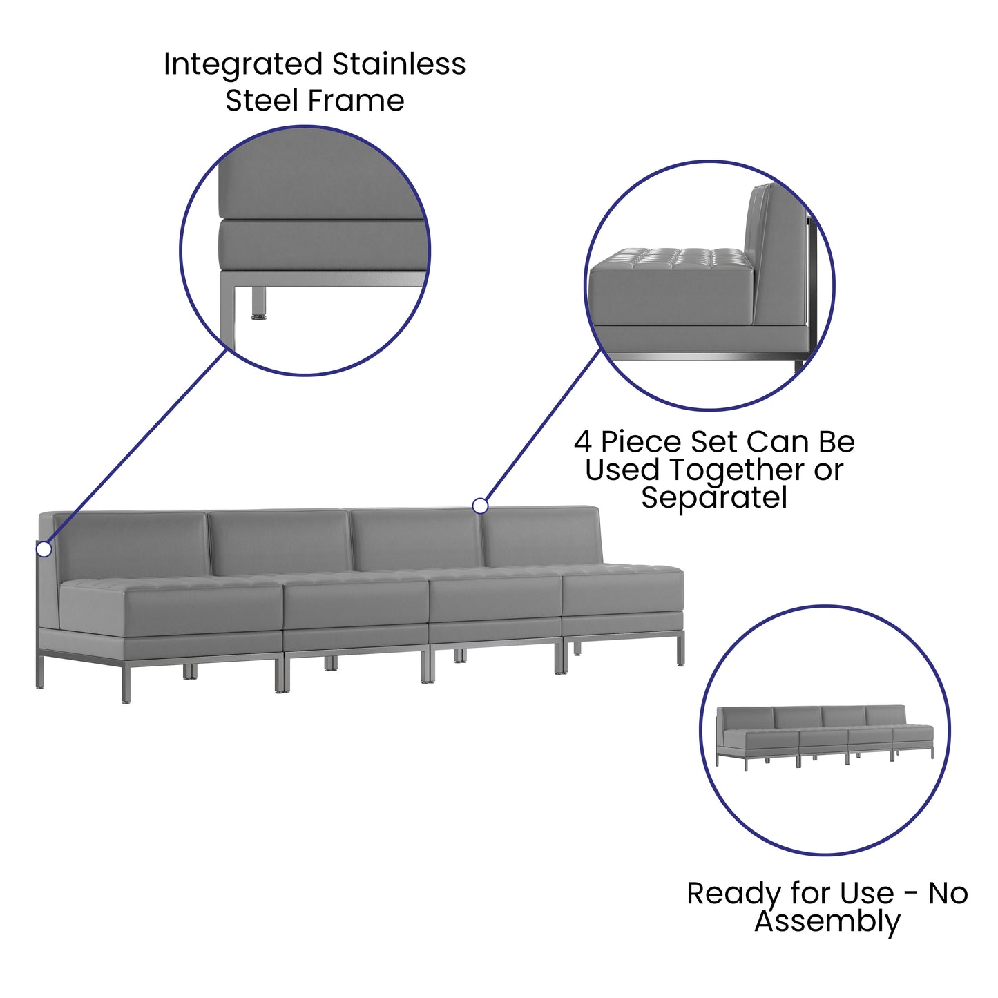 HERCULES Imagination Series 4 Piece Gray LeatherSoft Waiting Room Lounge Set with Ganging Clips - Reception Bench with Ganging Clips Gray ZB-IMAG-MIDCH-4-GY-GG