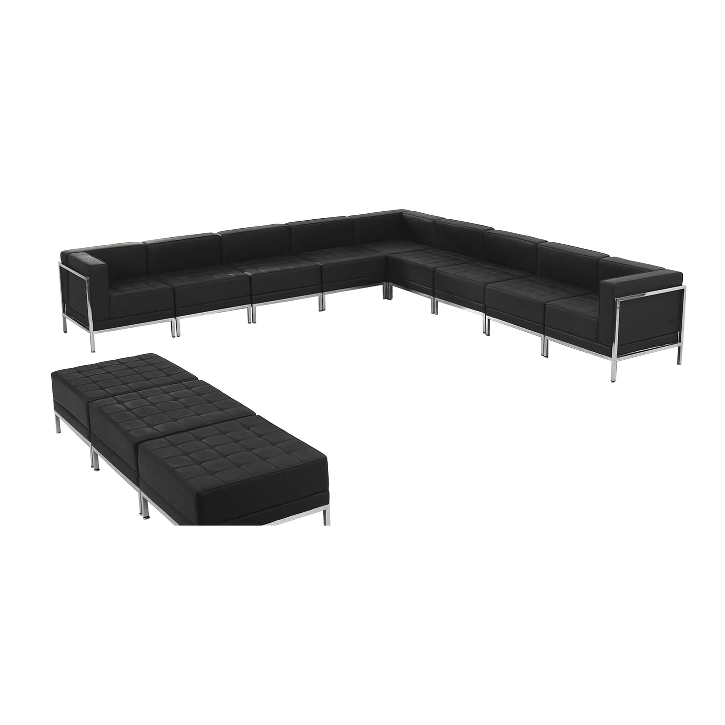 HERCULES Imagination Series Black LeatherSoft Sectional & Ottoman Set with Ganging Clips, 12 Pieces Black ZB-IMAG-SET18-GG