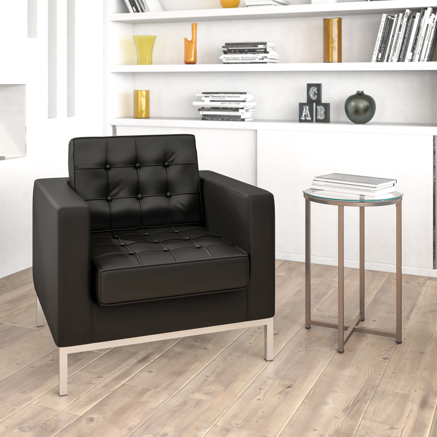 HERCULES Lacey Series Contemporary Black LeatherSoft Chair with Stainless Steel Frame Black