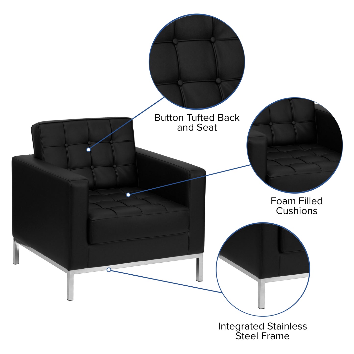 HERCULES Lacey Series Contemporary Black LeatherSoft Chair with Stainless Steel Frame Black