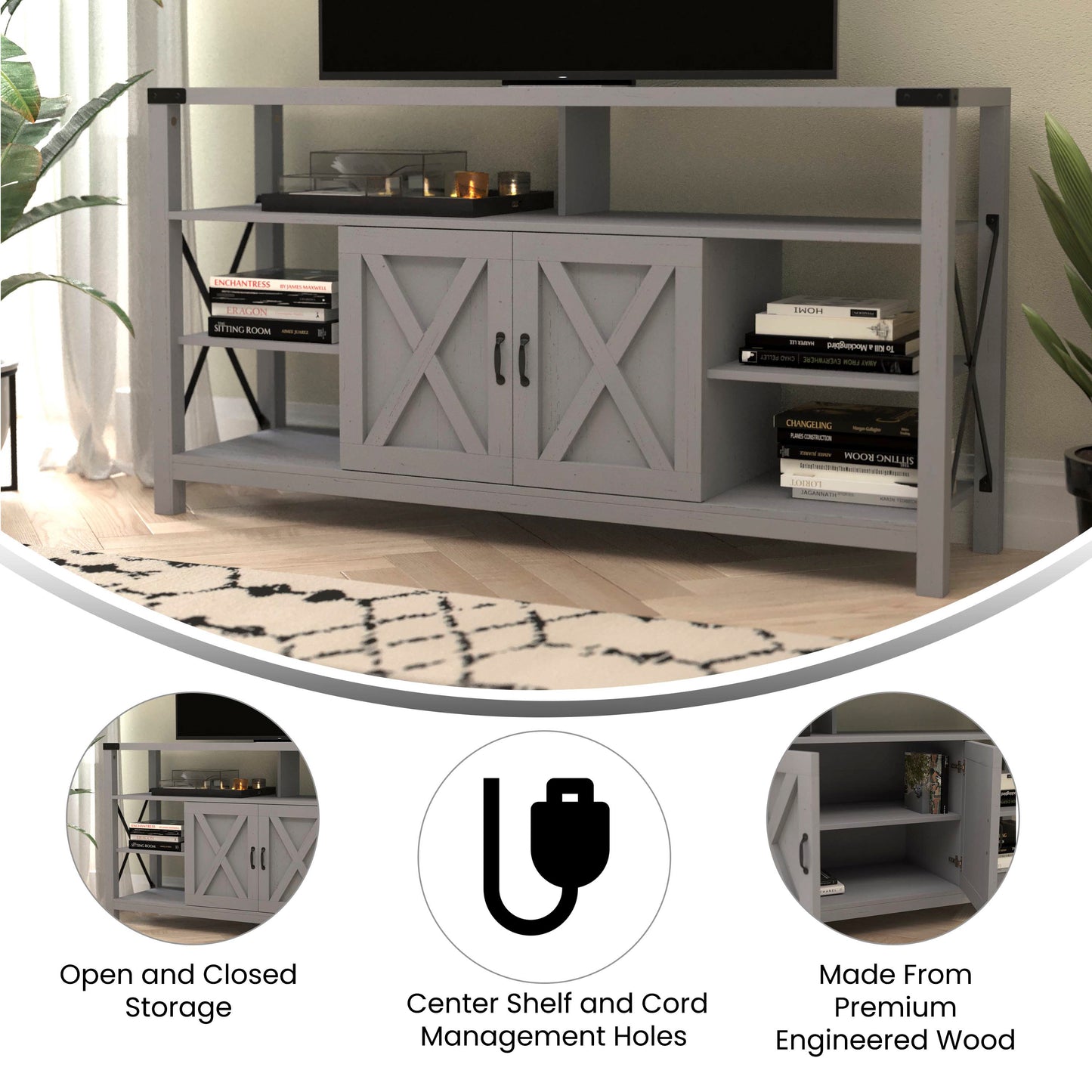 Wyatt 60" Modern Farmhouse Tall TV Console Cabinet with Storage Cabinets and Shelves for TV's up to 60", Coastal Gray Coastal Gray