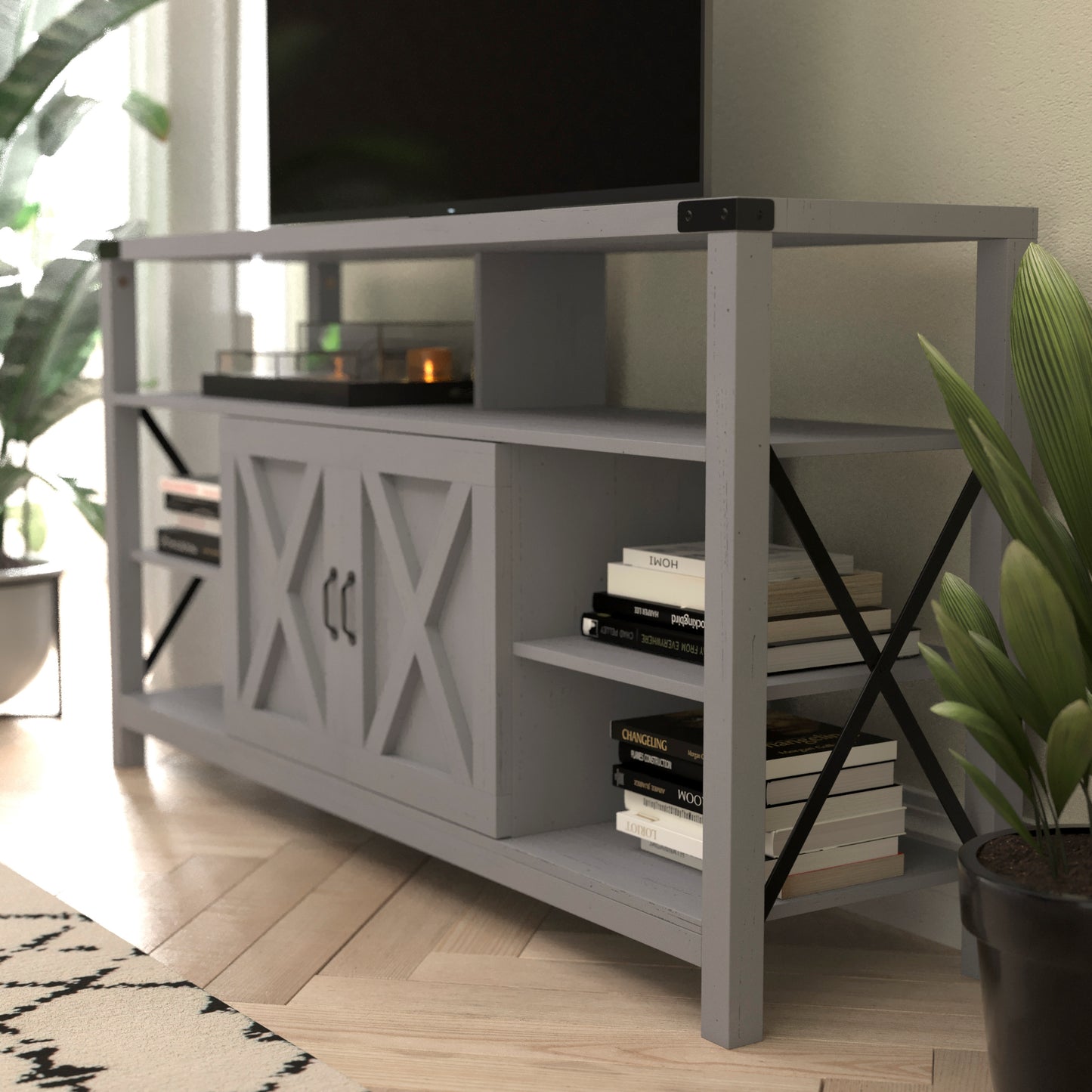 Wyatt 60" Modern Farmhouse Tall TV Console Cabinet with Storage Cabinets and Shelves for TV's up to 60", Coastal Gray Coastal Gray