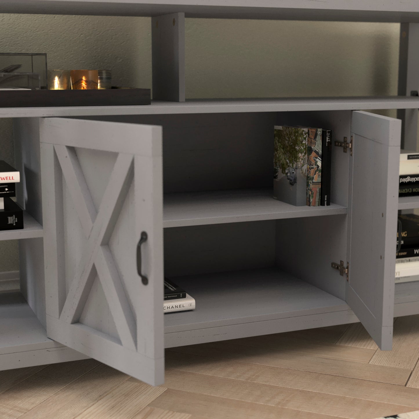 Wyatt 60" Modern Farmhouse Tall TV Console Cabinet with Storage Cabinets and Shelves for TV's up to 60", Coastal Gray Coastal Gray