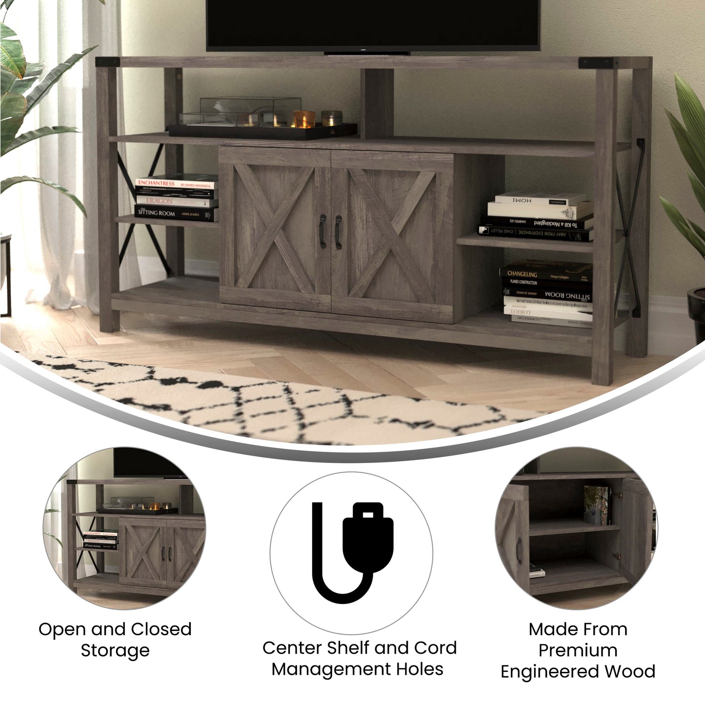 Wyatt 60" Modern Farmhouse Tall TV Console Cabinet with Storage Cabinets and Shelves for TV's up to 60", Gray Wash Gray Wash