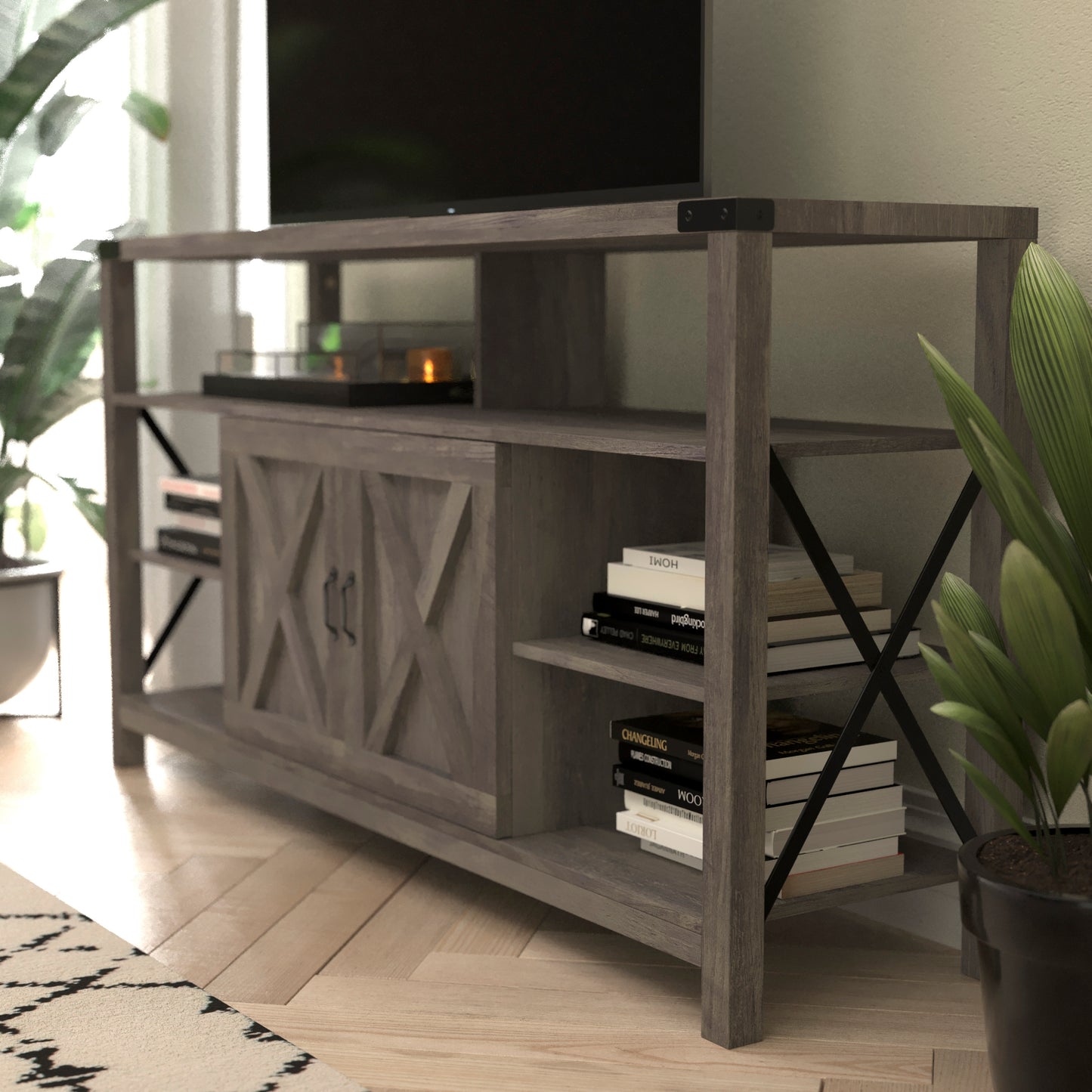 Wyatt 60" Modern Farmhouse Tall TV Console Cabinet with Storage Cabinets and Shelves for TV's up to 60", Gray Wash Gray Wash