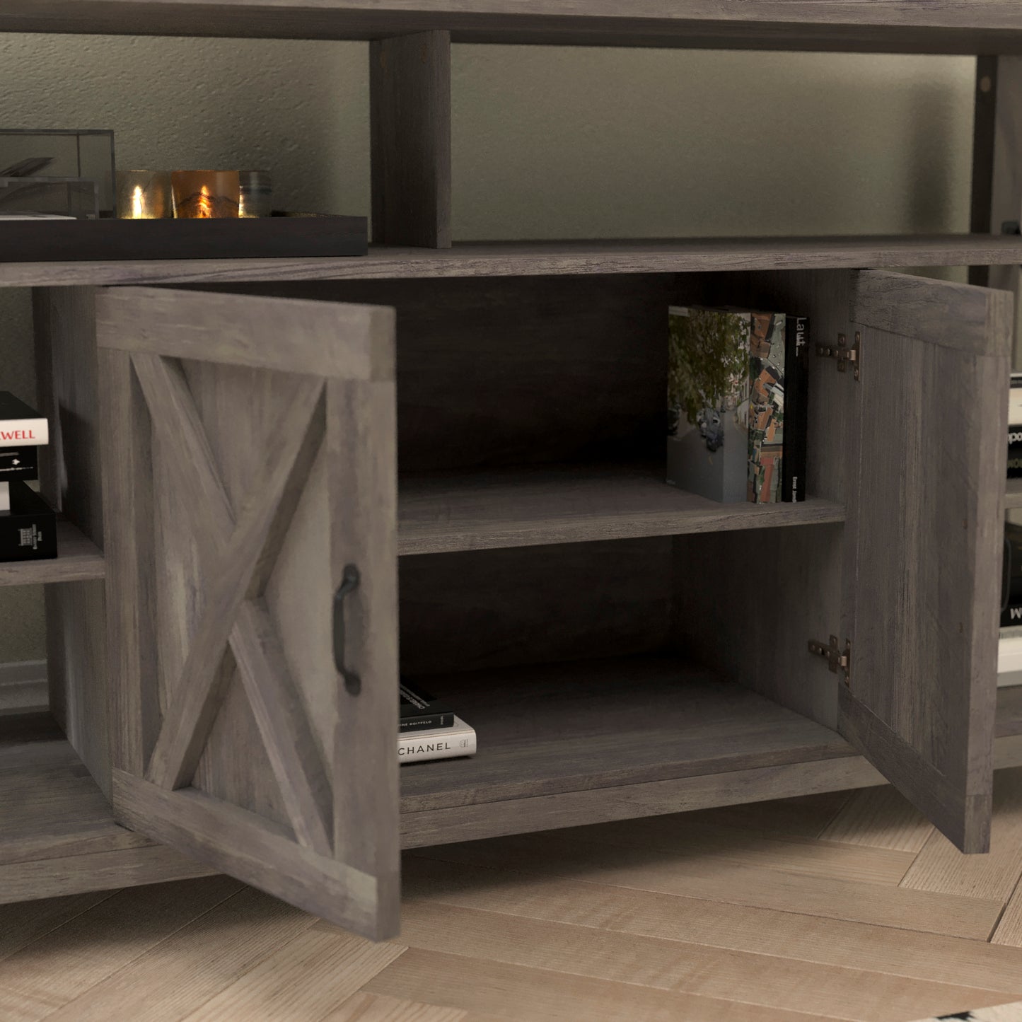 Wyatt 60" Modern Farmhouse Tall TV Console Cabinet with Storage Cabinets and Shelves for TV's up to 60", Gray Wash Gray Wash