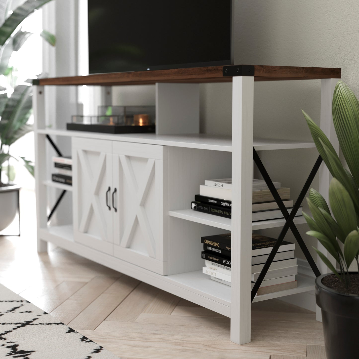 Wyatt 60" Modern Farmhouse Tall TV Stand with Storage Cabinets and Shelves for TV's up to 60", White/Rustic Oak White