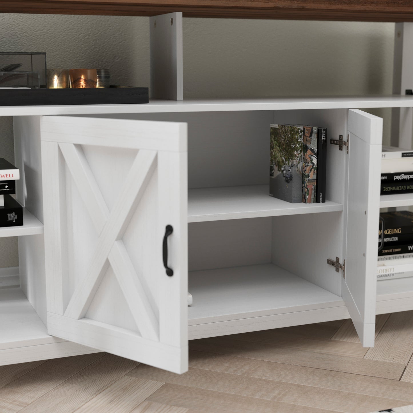 Wyatt 60" Modern Farmhouse Tall TV Stand with Storage Cabinets and Shelves for TV's up to 60", White/Rustic Oak White