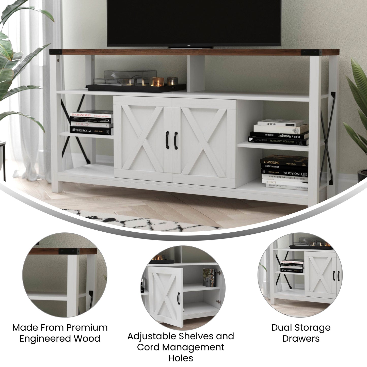 Wyatt 60" Modern Farmhouse Tall TV Stand with Storage Cabinets and Shelves for TV's up to 60", White/Rustic Oak White