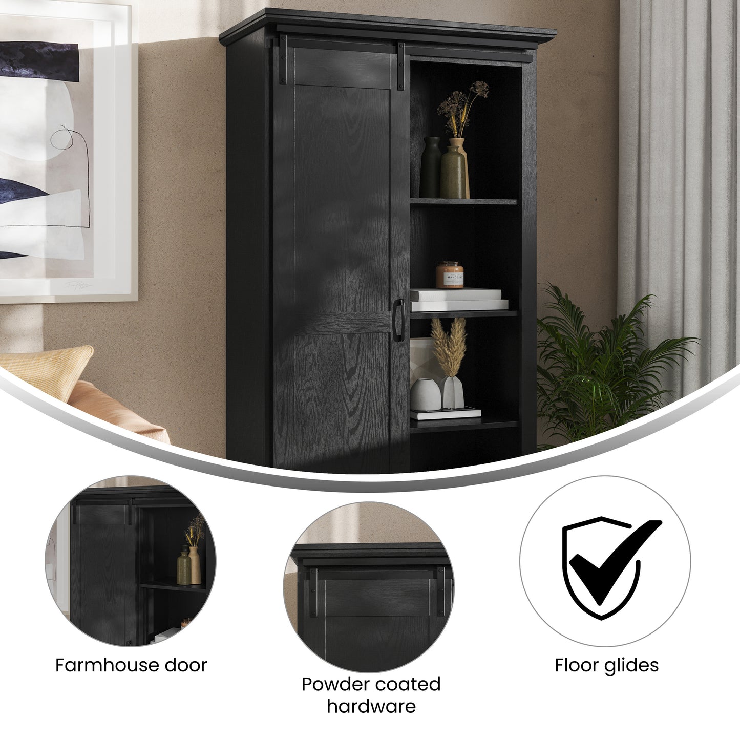 Harrison 36" Wide Rustic Farmhouse Storage Cabinet Bookcase with Sliding Barn Door and 4 Adjustable and 2 Fixed Shelves in Black Black