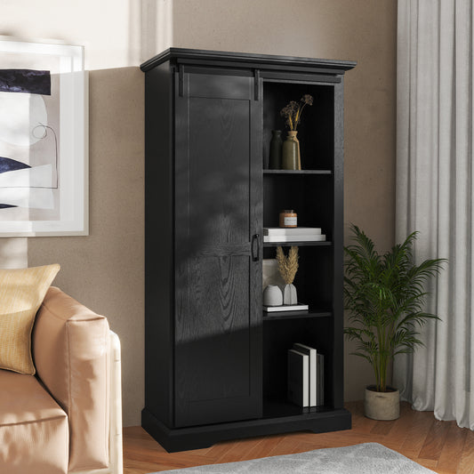 Harrison 36" Wide Rustic Farmhouse Storage Cabinet Bookcase with Sliding Barn Door and 4 Adjustable and 2 Fixed Shelves in Black Black ZG-026-BLK-GG