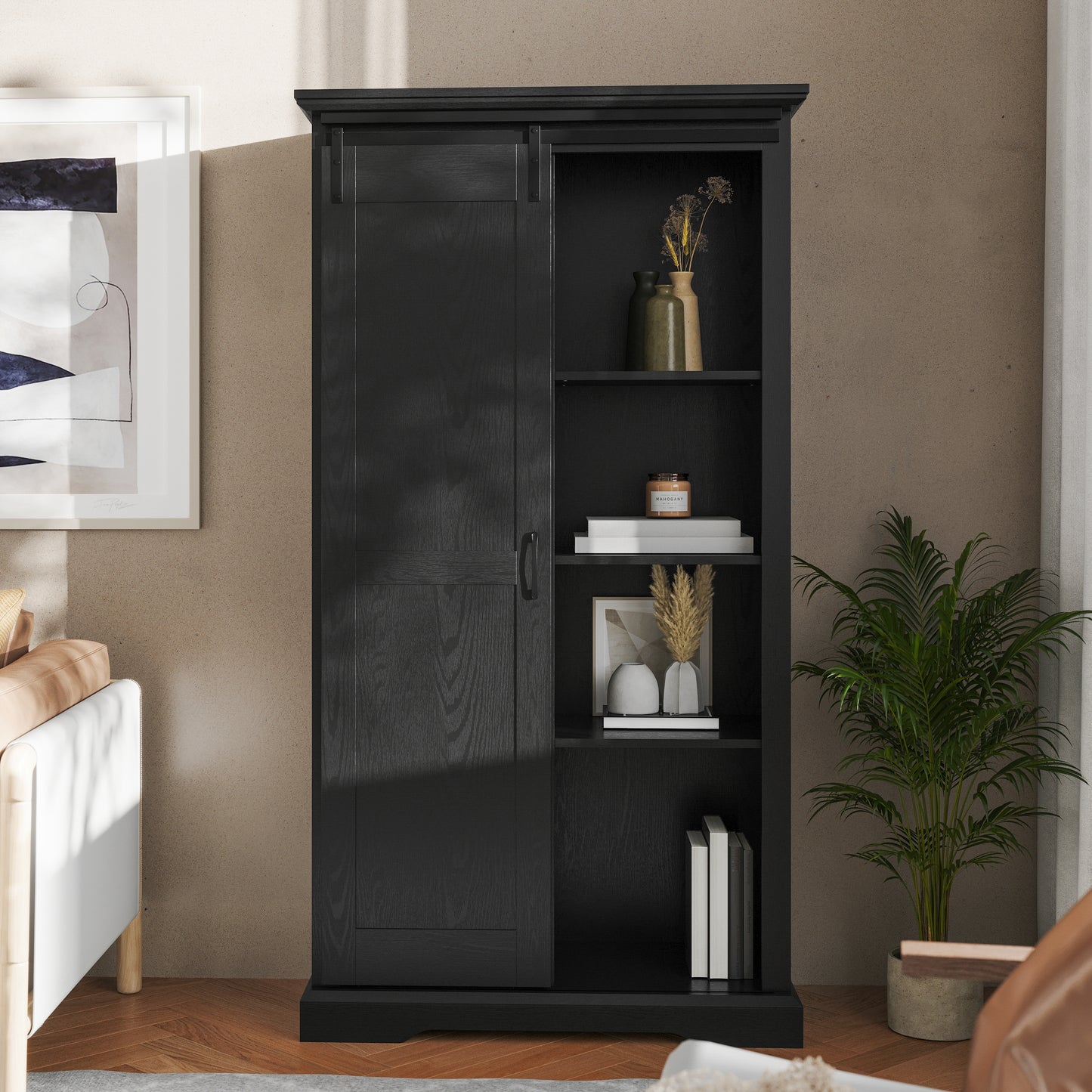 Harrison 36" Wide Rustic Farmhouse Storage Cabinet Bookcase with Sliding Barn Door and 4 Adjustable and 2 Fixed Shelves in Black Black