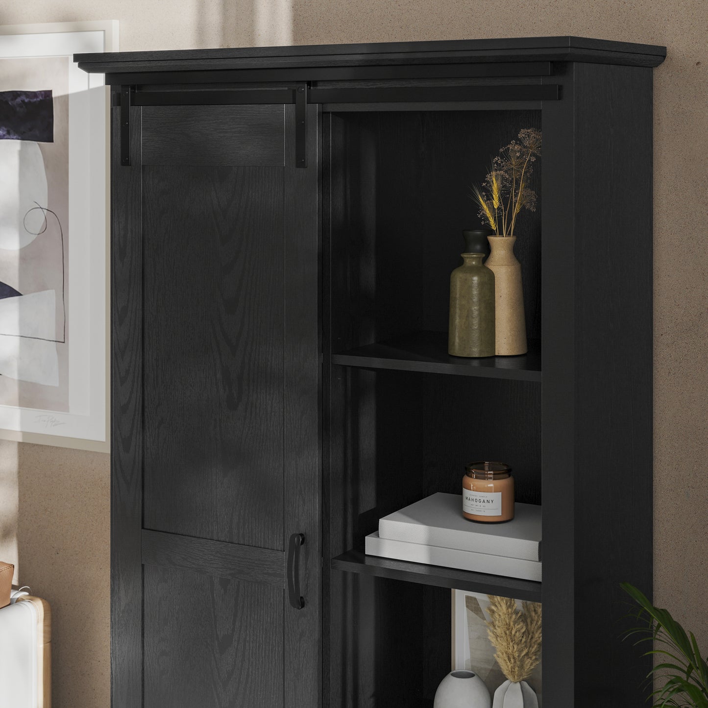 Harrison 36" Wide Rustic Farmhouse Storage Cabinet Bookcase with Sliding Barn Door and 4 Adjustable and 2 Fixed Shelves in Black Black
