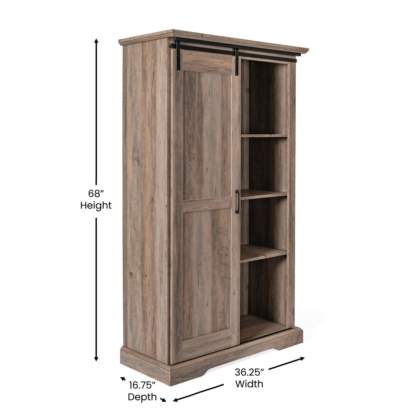Harrison 36" Wide Rustic Farmhouse Storage Cabinet Bookcase with Sliding Barn Door and 4 Adjustable and 2 Fixed Shelves in Graywash Graywash