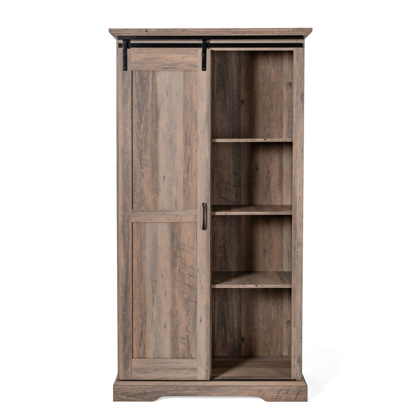 Harrison 36" Wide Rustic Farmhouse Storage Cabinet Bookcase with Sliding Barn Door and 4 Adjustable and 2 Fixed Shelves in Graywash Graywash