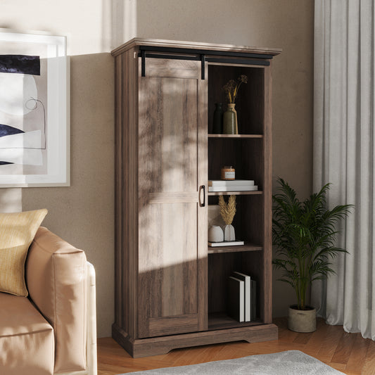 Harrison 36" Wide Rustic Farmhouse Storage Cabinet Bookcase with Sliding Barn Door and 4 Adjustable and 2 Fixed Shelves in Graywash Graywash ZG-026-GRYWSH-GG