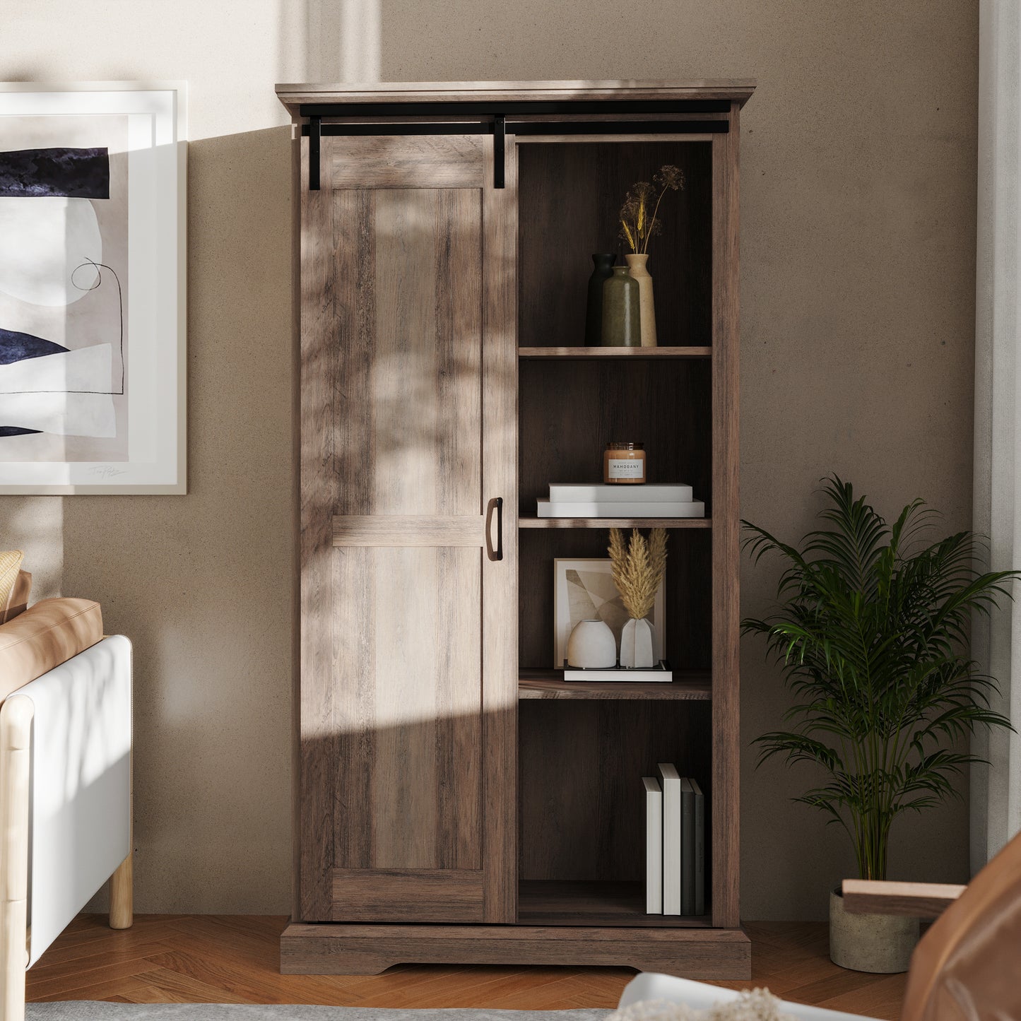 Harrison 36" Wide Rustic Farmhouse Storage Cabinet Bookcase with Sliding Barn Door and 4 Adjustable and 2 Fixed Shelves in Graywash Graywash