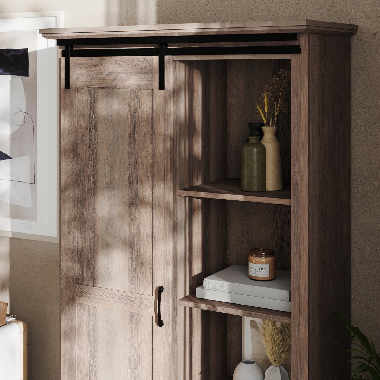 Harrison 36" Wide Rustic Farmhouse Storage Cabinet Bookcase with Sliding Barn Door and 4 Adjustable and 2 Fixed Shelves in Graywash Graywash