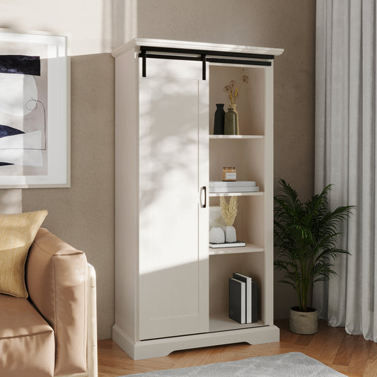 Harrison 36" Wide Rustic Farmhouse Storage Cabinet Bookcase with Sliding Barn Door and 4 Adjustable and 2 Fixed Shelves in White White ZG-026-WHT-GG