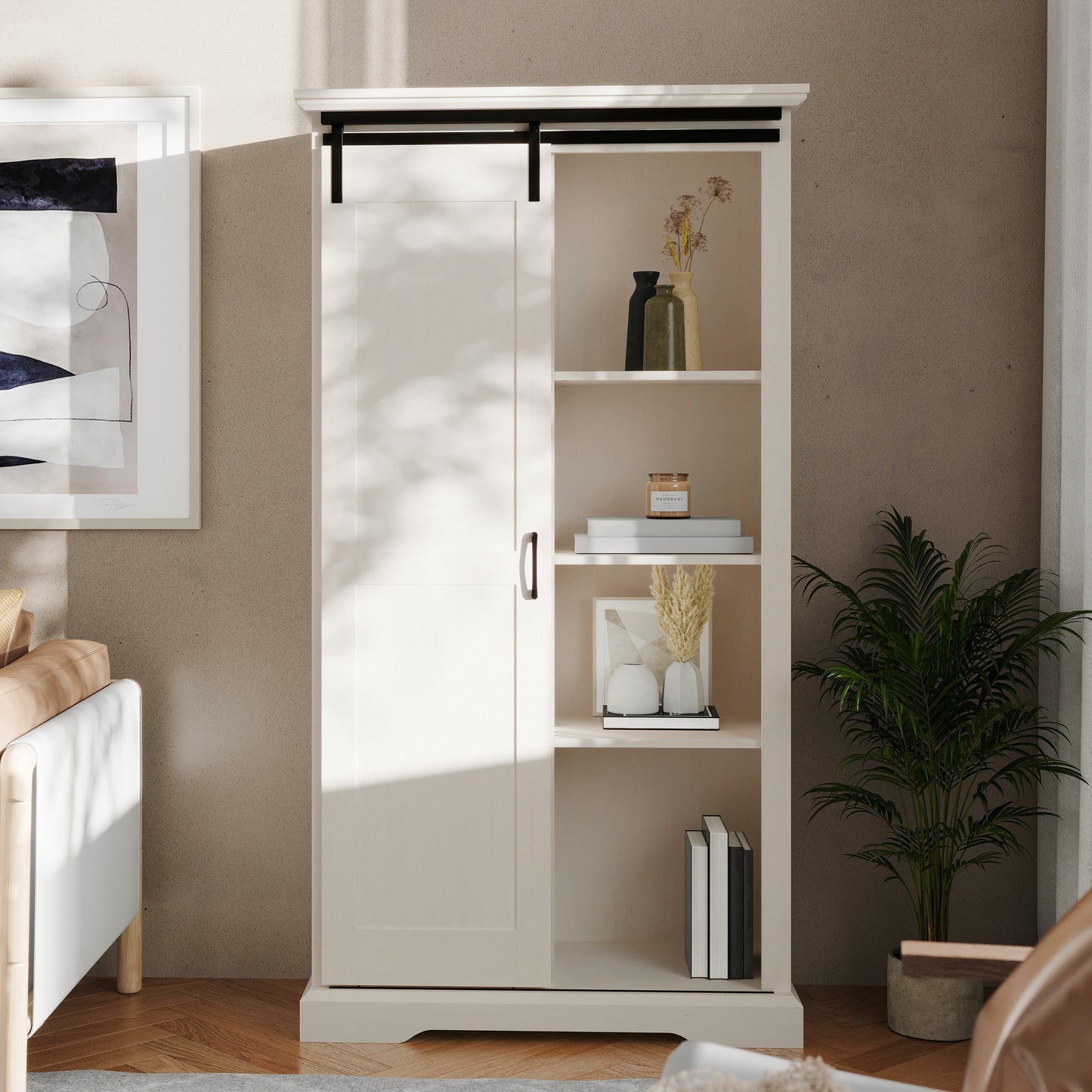 Harrison 36" Wide Rustic Farmhouse Storage Cabinet Bookcase with Sliding Barn Door and 4 Adjustable and 2 Fixed Shelves in White White