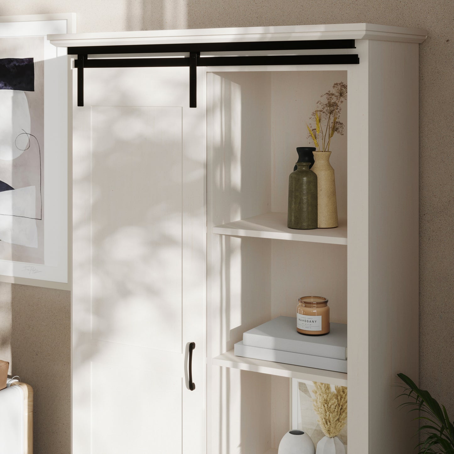 Harrison 36" Wide Rustic Farmhouse Storage Cabinet Bookcase with Sliding Barn Door and 4 Adjustable and 2 Fixed Shelves in White White
