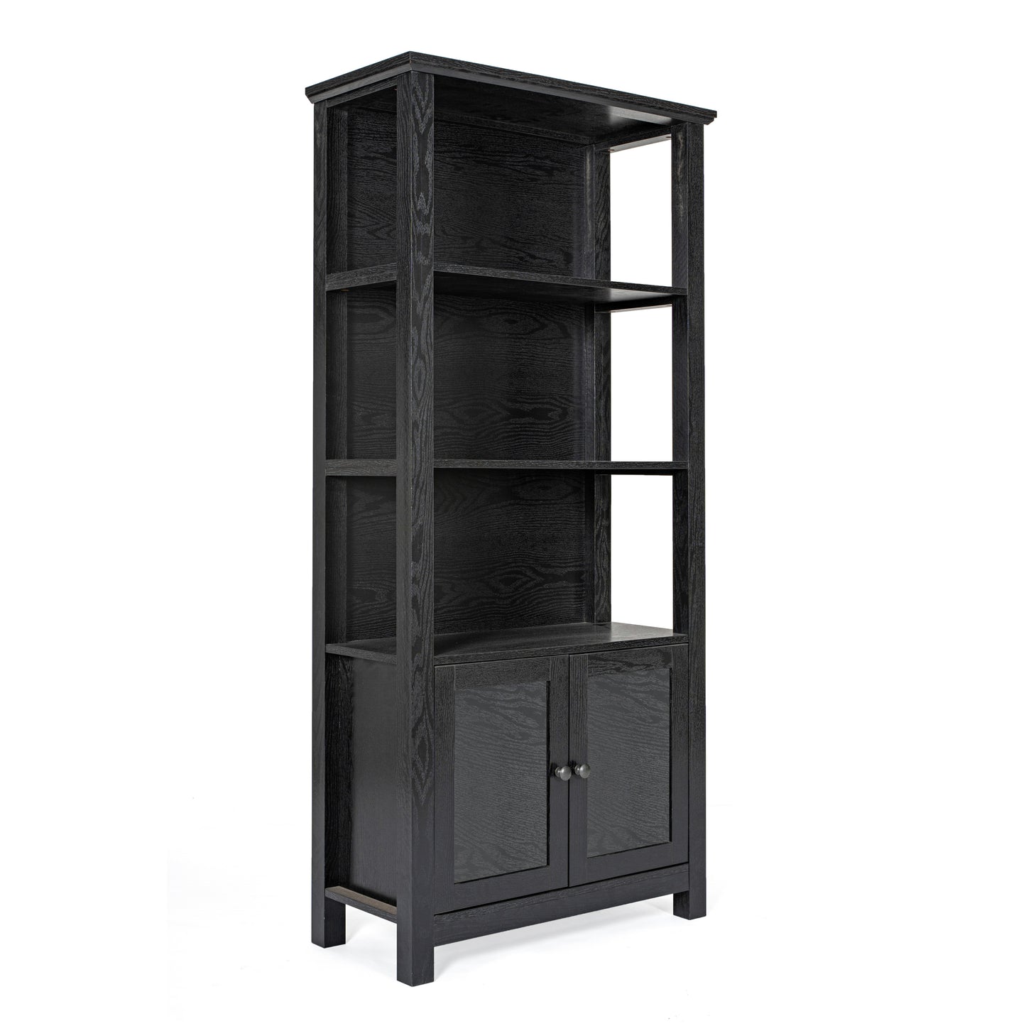 Stella Modern Farmhouse Wooden Bookcase and Storage Cabinet with Tempered Glass Doors and 3 Upper Shelves in Black Black