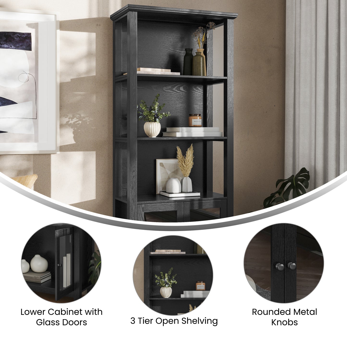 Stella Modern Farmhouse Wooden Bookcase and Storage Cabinet with Tempered Glass Doors and 3 Upper Shelves in Black Black