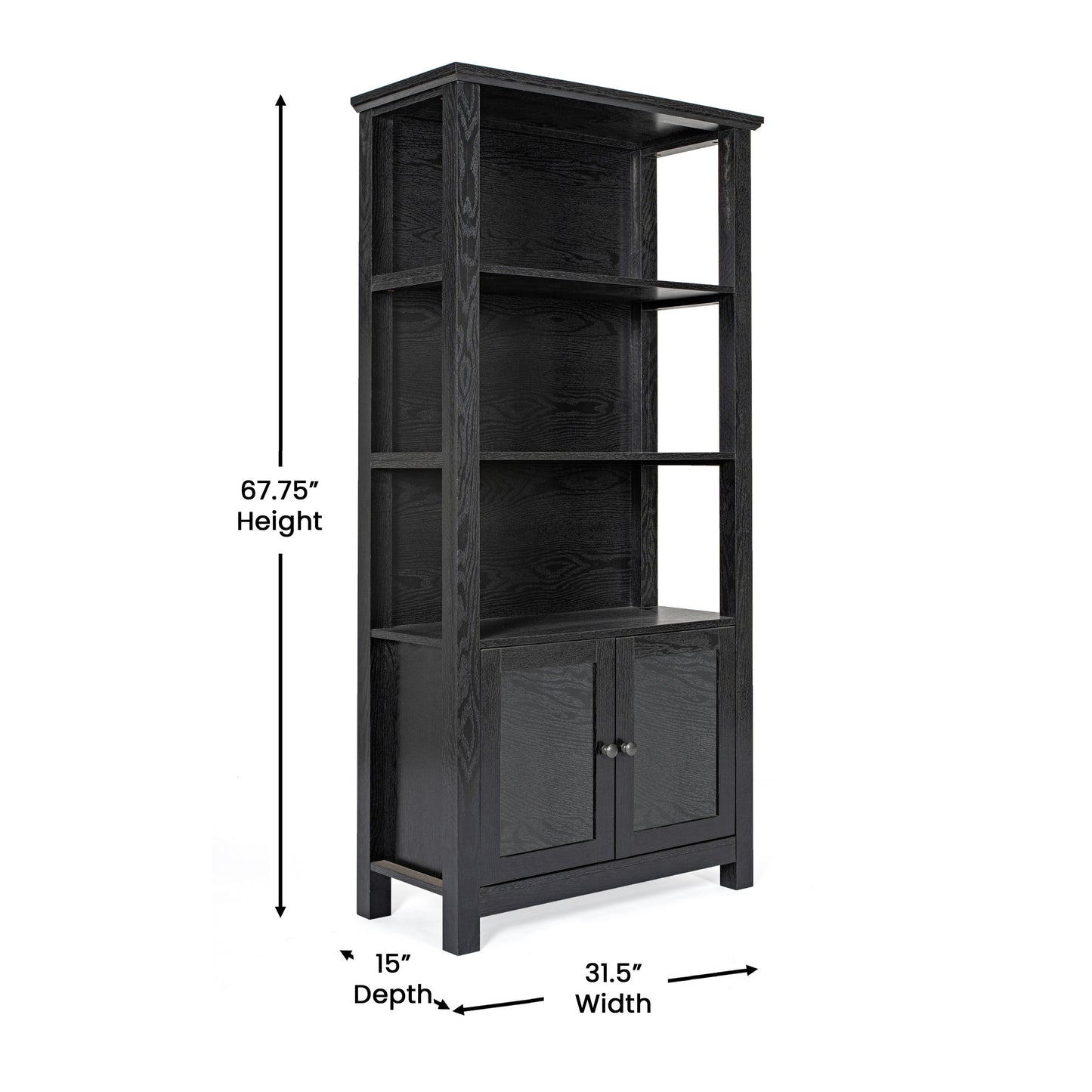 Stella Modern Farmhouse Wooden Bookcase and Storage Cabinet with Tempered Glass Doors and 3 Upper Shelves in Black Black