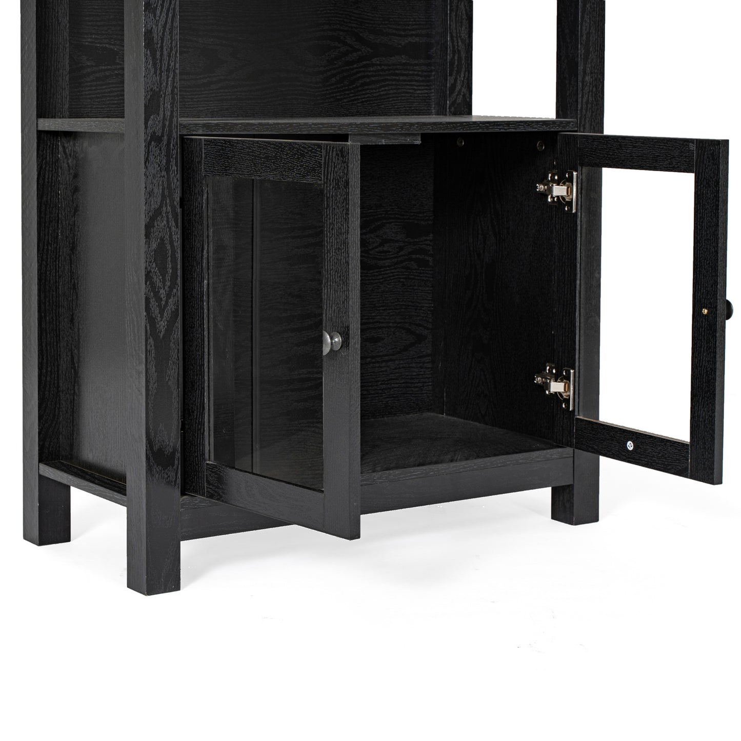 Stella Modern Farmhouse Wooden Bookcase and Storage Cabinet with Tempered Glass Doors and 3 Upper Shelves in Black Black