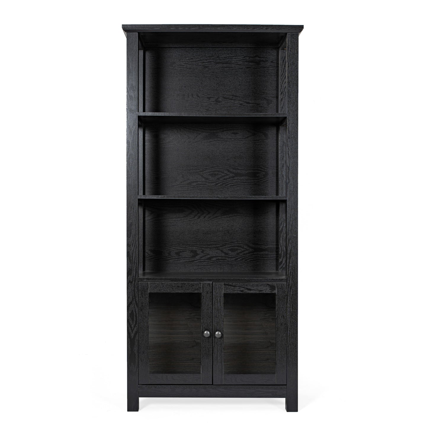 Stella Modern Farmhouse Wooden Bookcase and Storage Cabinet with Tempered Glass Doors and 3 Upper Shelves in Black Black