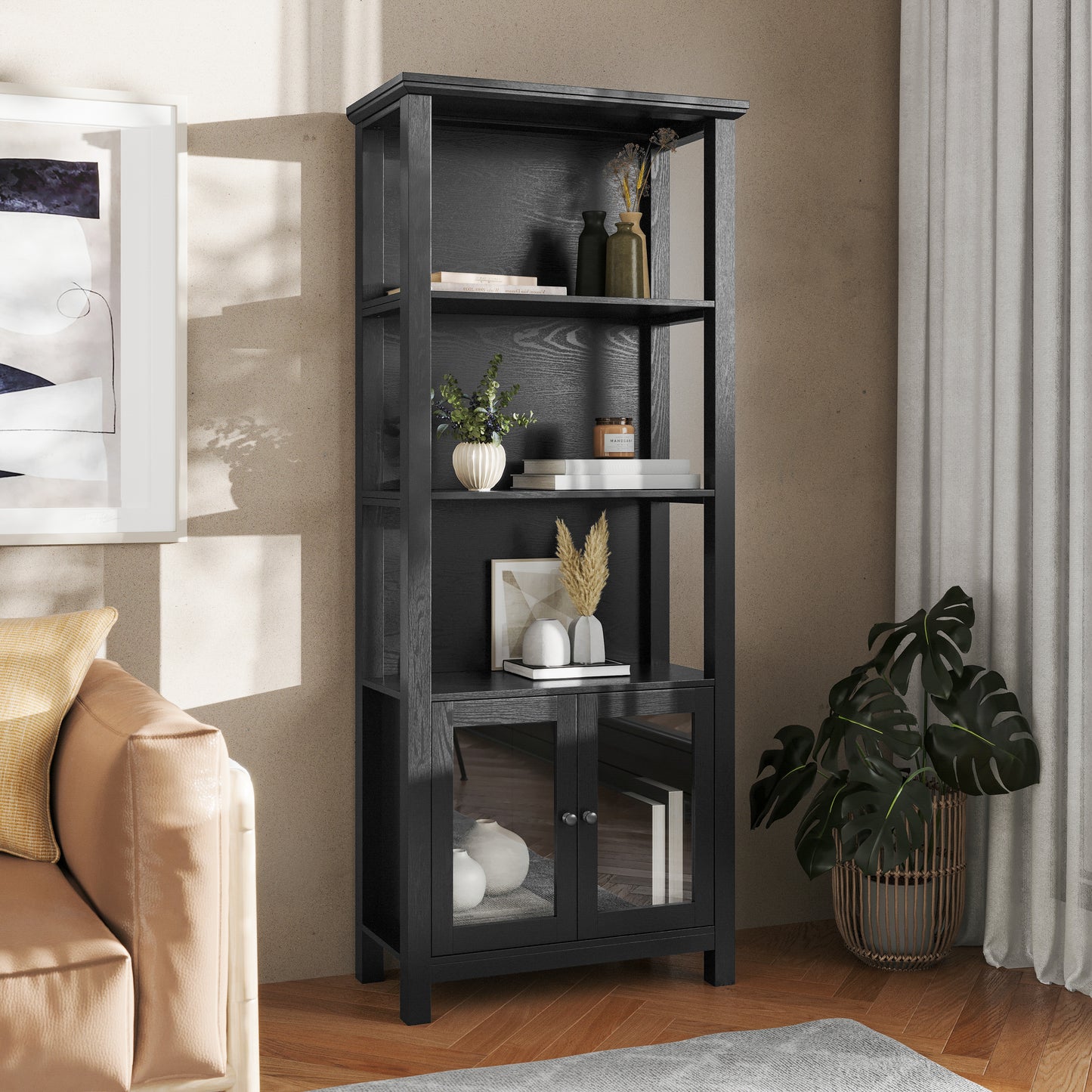 Stella Modern Farmhouse Wooden Bookcase and Storage Cabinet with Tempered Glass Doors and 3 Upper Shelves in Black Black