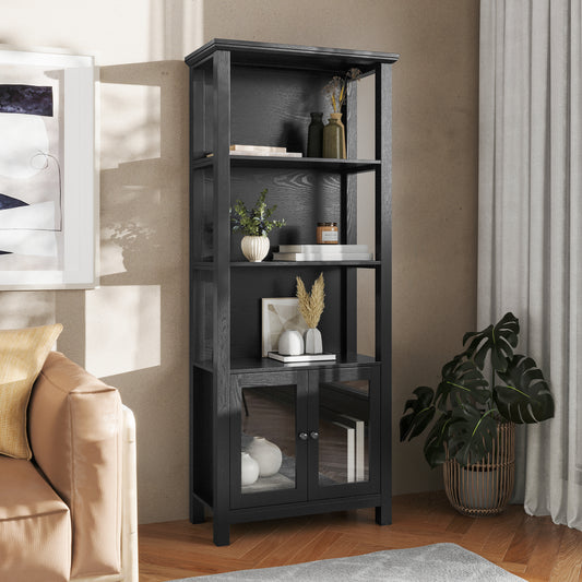 Stella Modern Farmhouse Wooden Bookcase and Storage Cabinet with Tempered Glass Doors and 3 Upper Shelves in Black Black ZG-027-BLK-GG