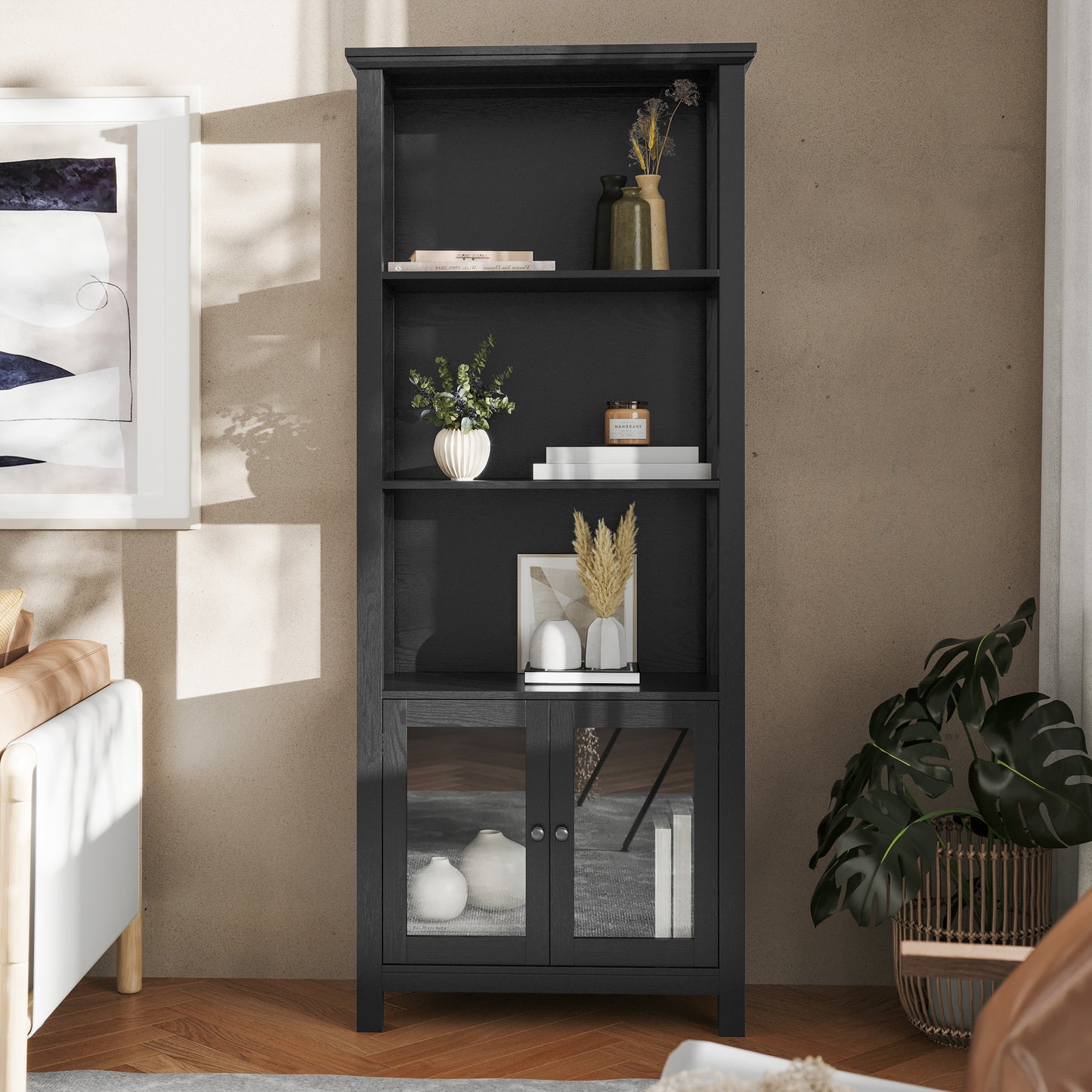 Stella Modern Farmhouse Wooden Bookcase and Storage Cabinet with Tempered Glass Doors and 3 Upper Shelves in Black Black