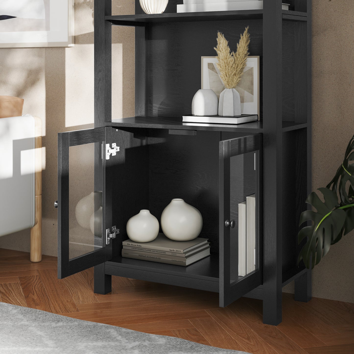 Stella Modern Farmhouse Wooden Bookcase and Storage Cabinet with Tempered Glass Doors and 3 Upper Shelves in Black Black